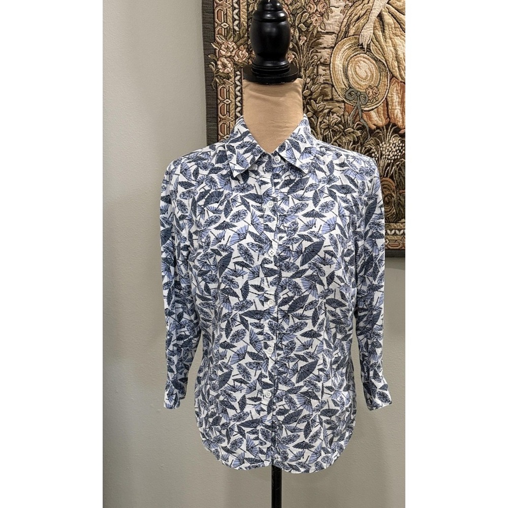 Kate Hill‎ Shirt Womens Medium Blue White Linen Button Front Collared Floral